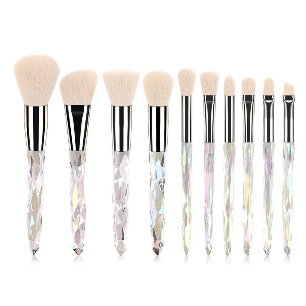 A set of 10 transparent crystal diamond makeup brushes with colorful handles, showcasing their elegant design and high-quality bristles.