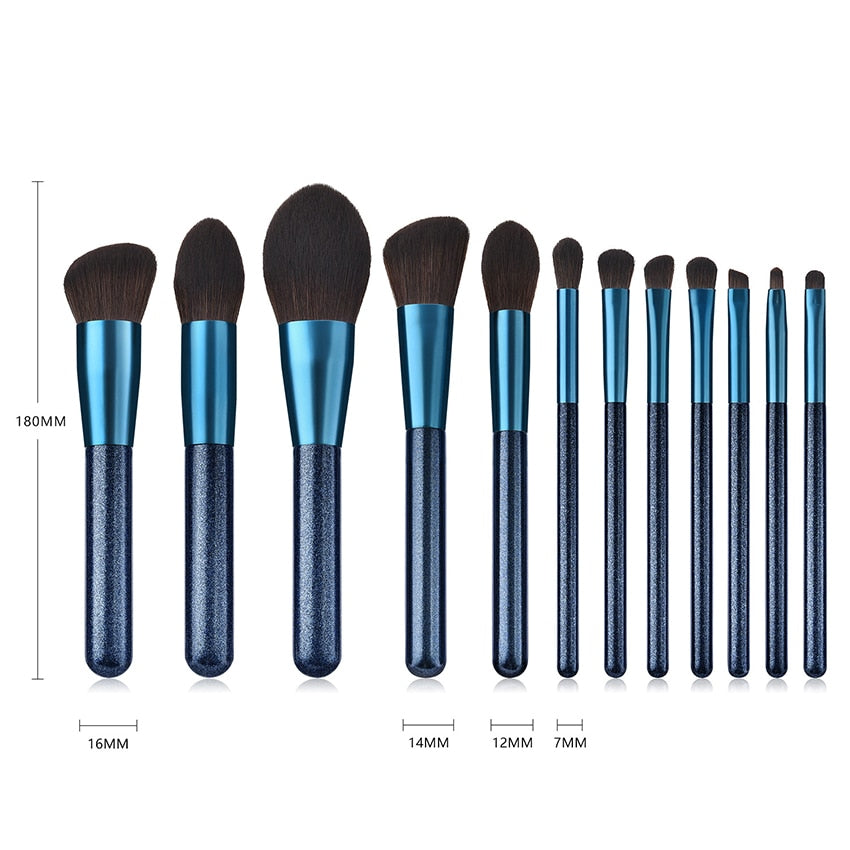 A set of 12 blue makeup brushes with soft nylon wool bristles and comfortable wooden handles, perfect for various makeup applications.