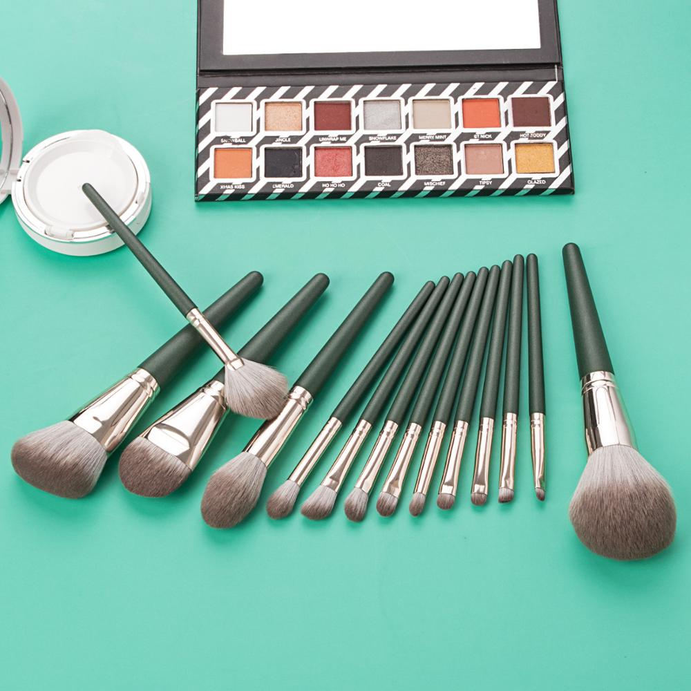 14pcs Green Makeup Brushes Set featuring various brush types for foundation, powder, and blush application, with soft plant fibre bristles and polished handles.