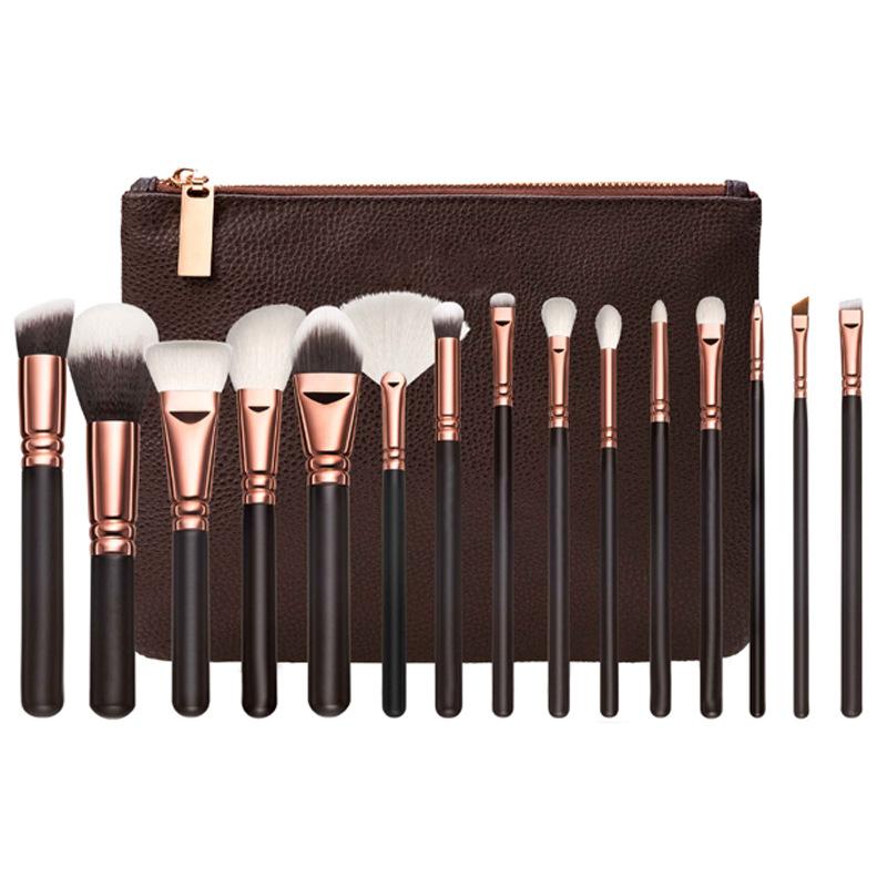 15-piece makeup brush set with soft synthetic hair and wooden handles, includes a stylish carrying bag in pink and brown colors.