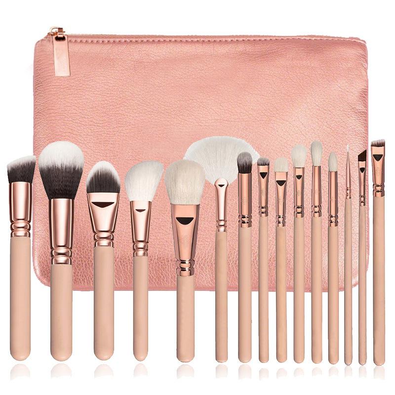 15-piece makeup brush set with soft synthetic hair and wooden handles, includes a stylish carrying bag in pink and brown colors.