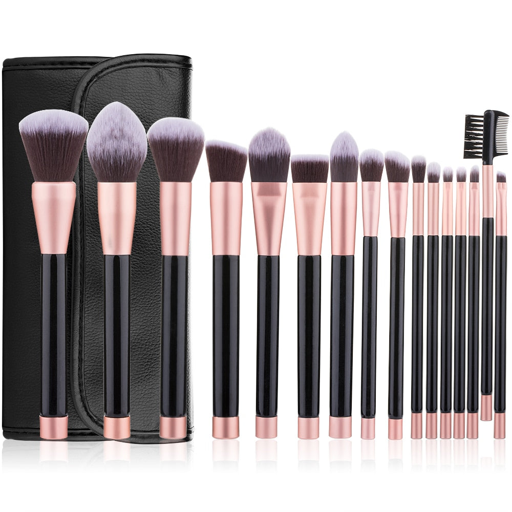 16pcs Makeup Brushes Set with synthetic hair bristles and wooden handles, displayed in a stylish leather bag.