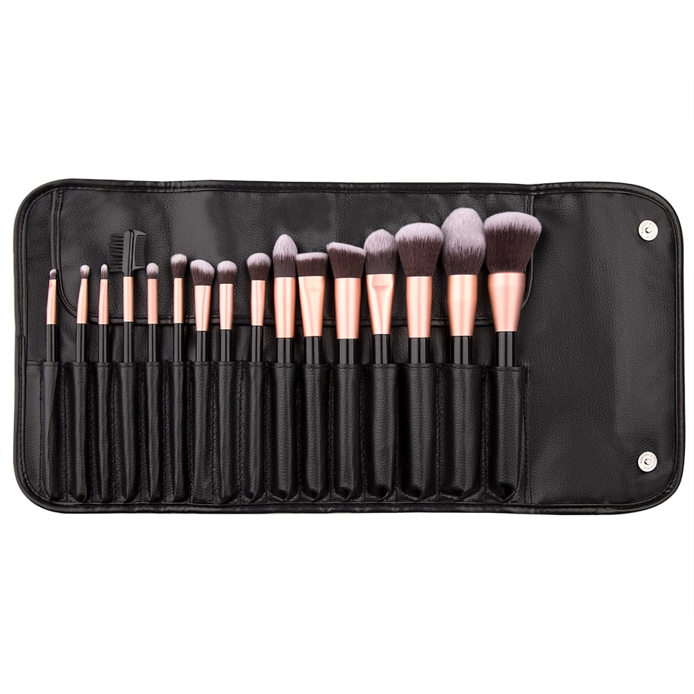 16pcs Makeup Brushes Set with synthetic hair bristles and wooden handles, displayed in a stylish leather bag.