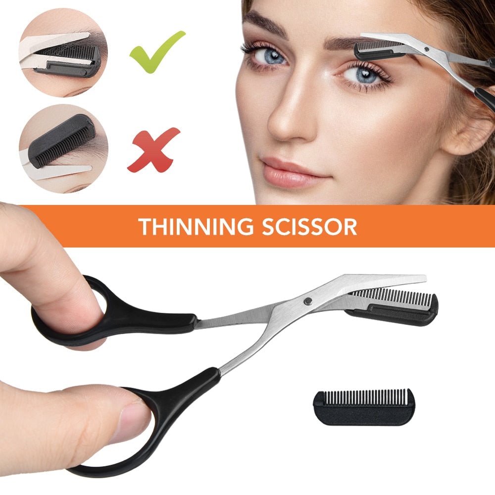 11Pcs Professional Eyebrow Trimming Tool Set including razors, scissors, tweezers, and brushes in a portable zipper bag.