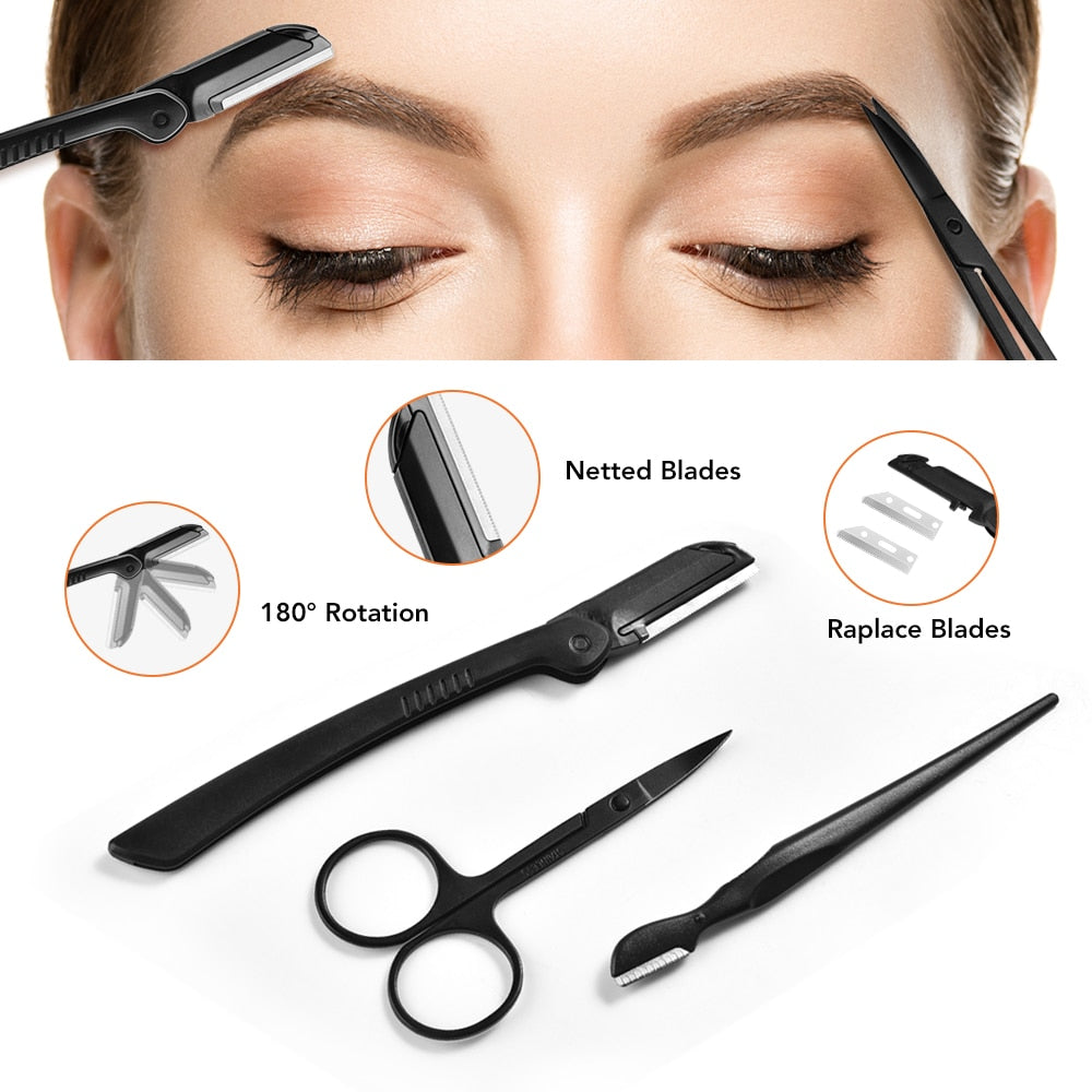 11Pcs Professional Eyebrow Trimming Tool Set including razors, scissors, tweezers, and brushes in a portable zipper bag.