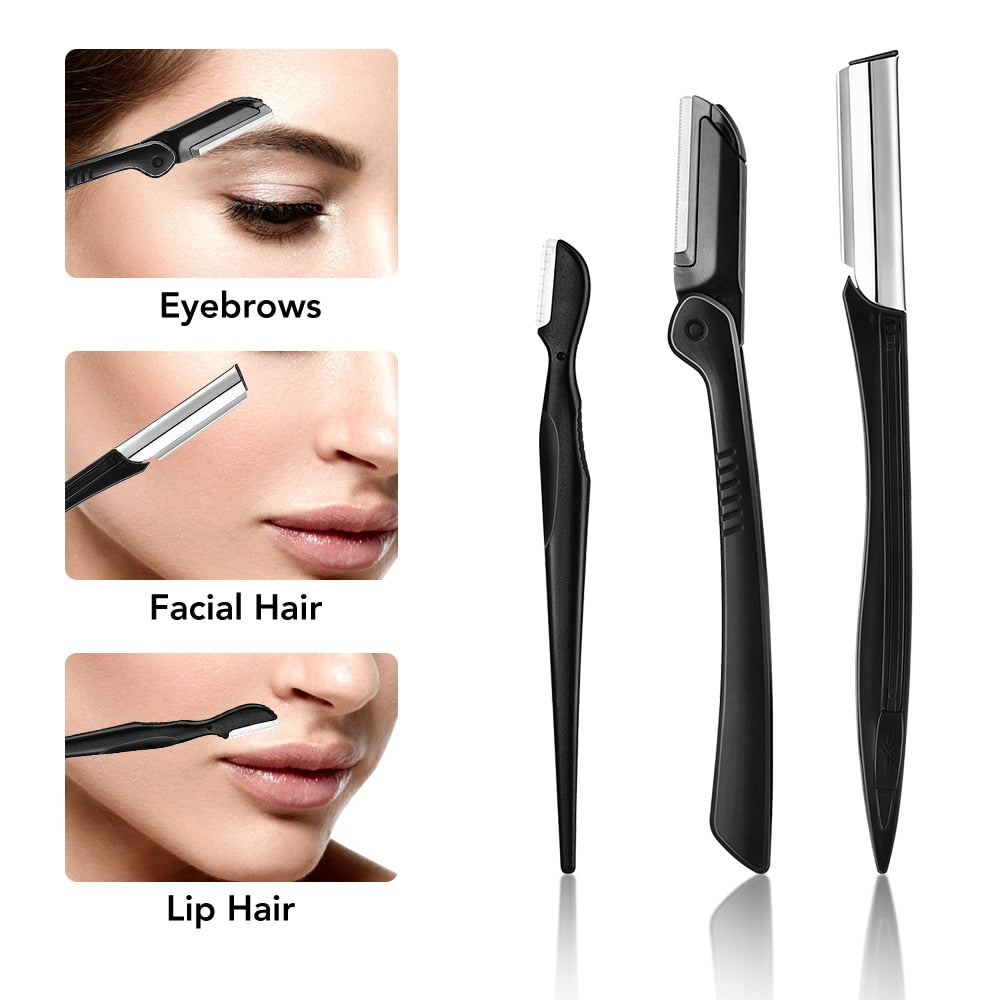 11Pcs Professional Eyebrow Trimming Tool Set including razors, scissors, tweezers, and brushes in a portable zipper bag.