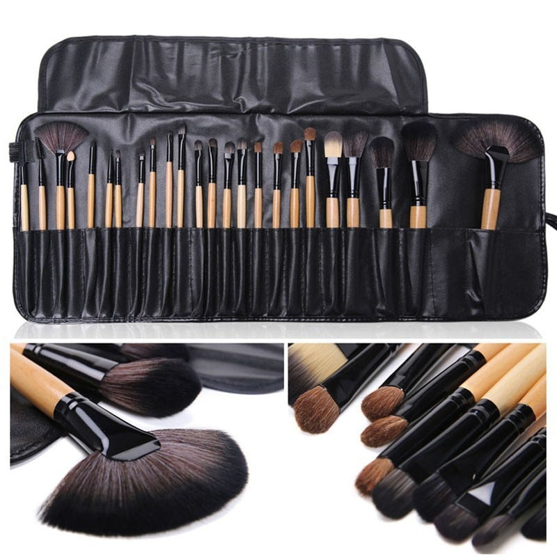 24 pcs professional makeup brush set with leather case, featuring soft synthetic hair bristles for flawless application.