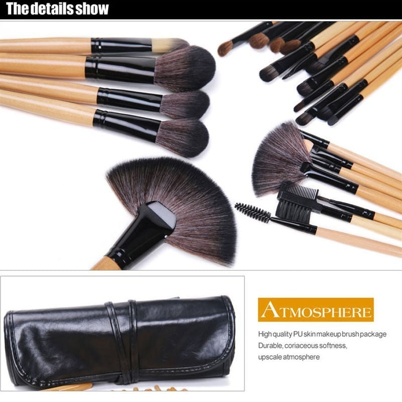 24 pcs professional makeup brush set with leather case, featuring soft synthetic hair bristles for flawless application.