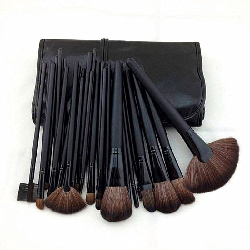 24 pcs professional makeup brush set with leather case, featuring soft synthetic hair bristles for flawless application.