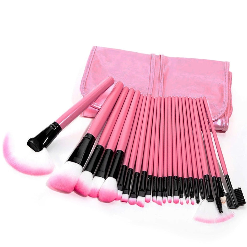 24 pcs professional makeup brush set with leather case, featuring soft synthetic hair bristles for flawless application.