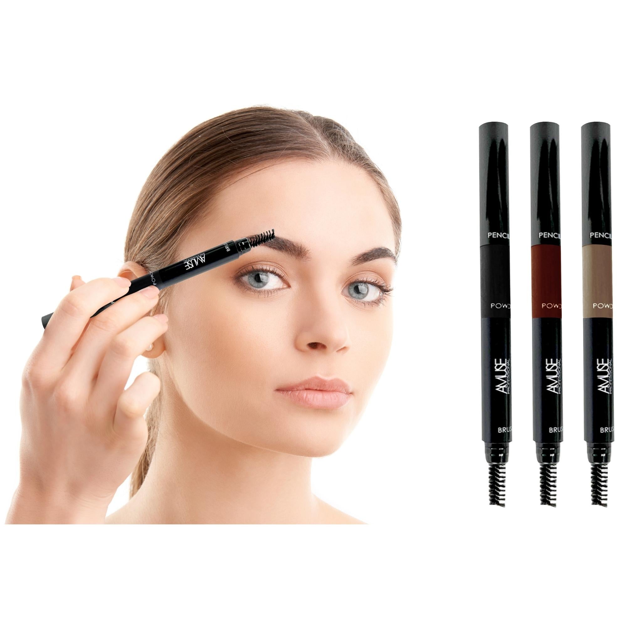 3-in-1 Eyebrow Definer Pencil in two shades with a teardrop tip and blending brush, perfect for shaping and defining eyebrows.