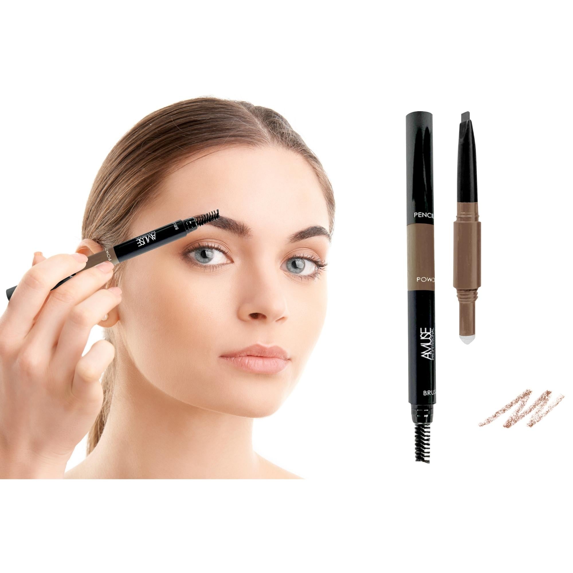 3-in-1 Eyebrow Definer Pencil in two shades with a teardrop tip and blending brush, perfect for shaping and defining eyebrows.