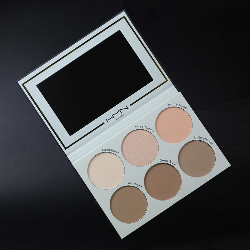 6 Colors Facial Contouring Palette showcasing six shades for contouring and highlighting, with a fine texture and a large mirror for easy application.