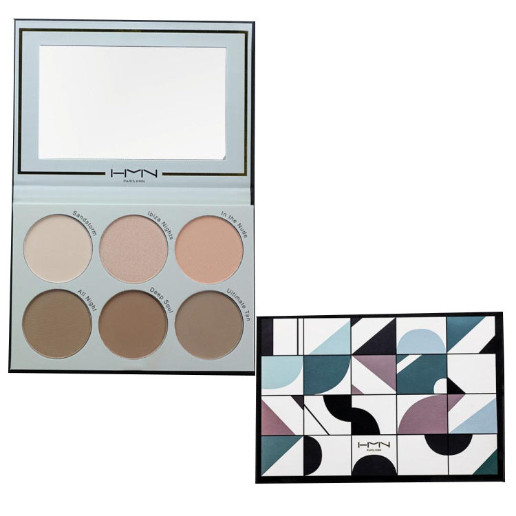 6 Colors Facial Contouring Palette showcasing six shades for contouring and highlighting, with a fine texture and a large mirror for easy application.