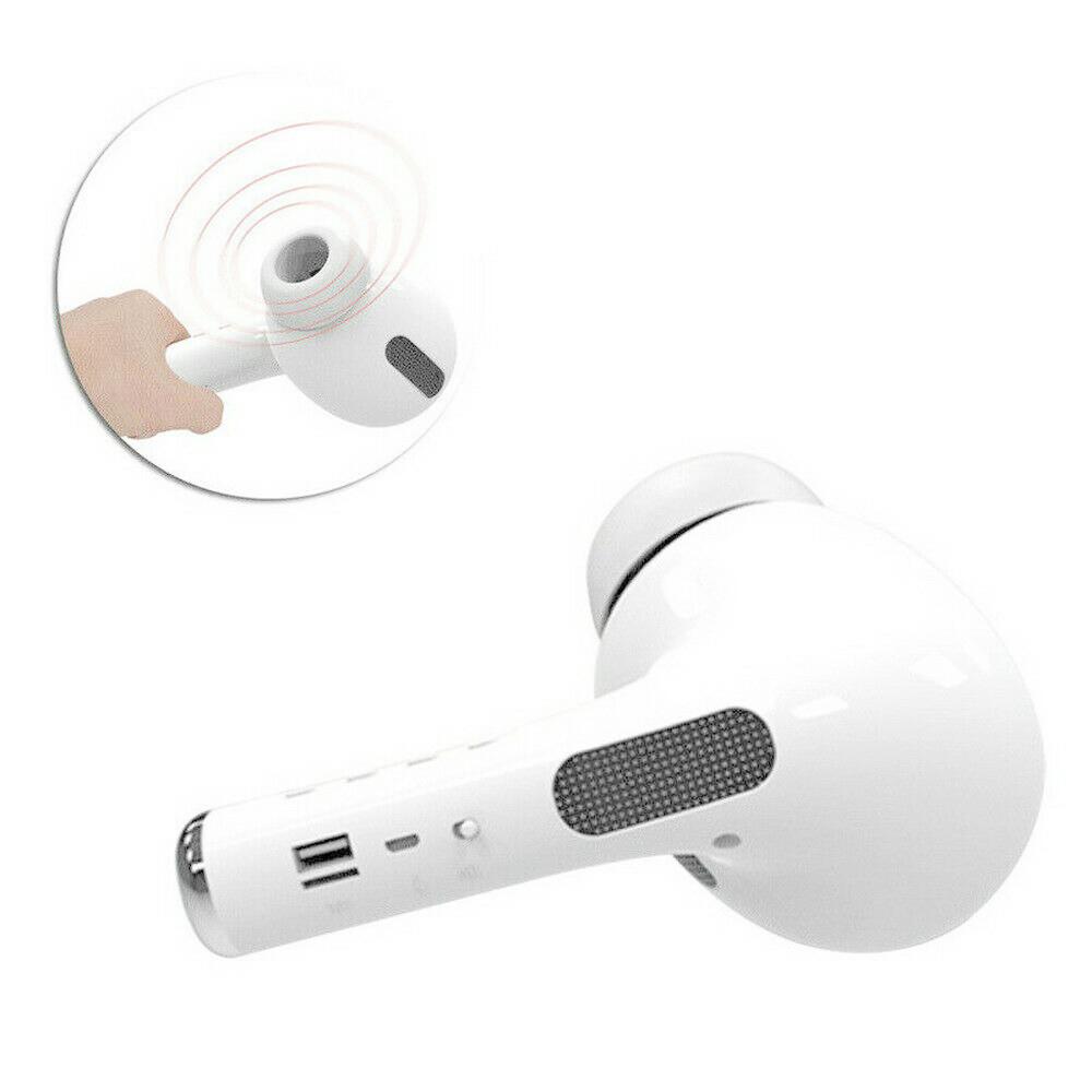 White Air-Pod Style Bluetooth Portable Speaker with USB and MicroSD slots, showcasing its oversized headphone design.