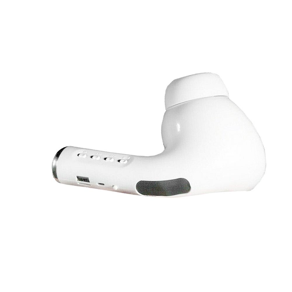 White Air-Pod Style Bluetooth Portable Speaker with USB and MicroSD slots, showcasing its oversized headphone design.