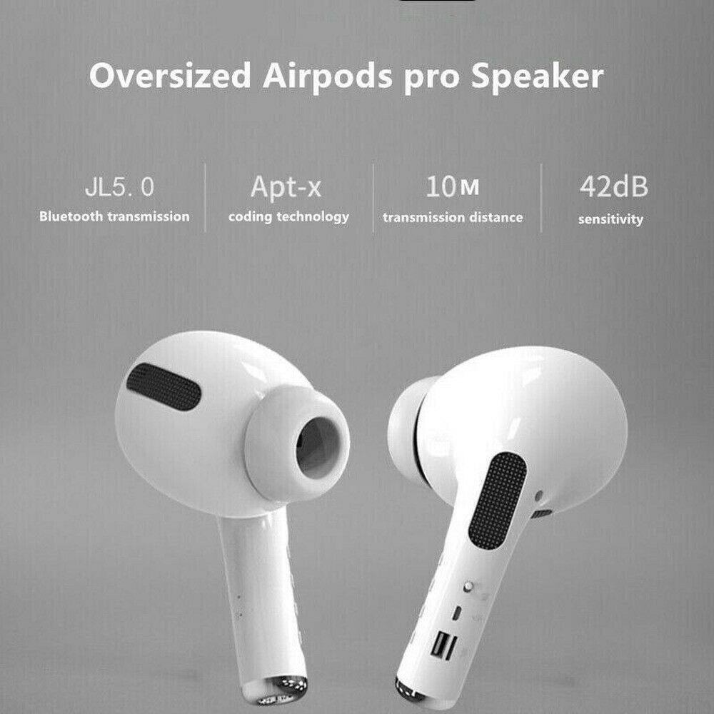 White Air-Pod Style Bluetooth Portable Speaker with USB and MicroSD slots, showcasing its oversized headphone design.