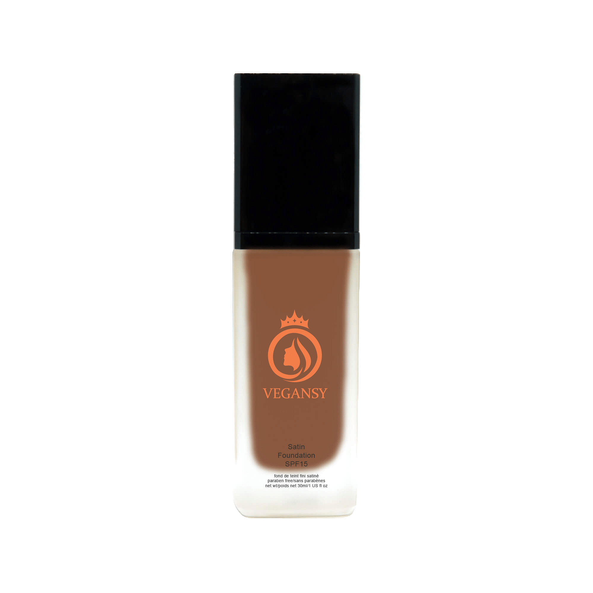 Amber foundation bottle showcasing a natural glow finish with a dewy appearance, suitable for all skin types.