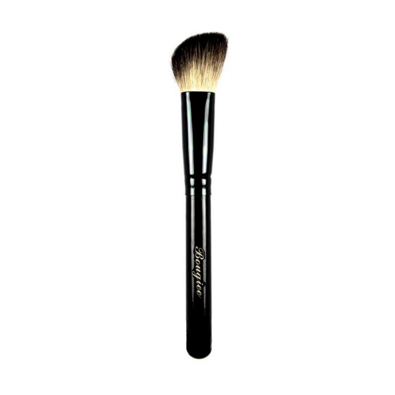 Angle Blush Brush BK32 with angled bristles, polished black ferrule, and high gloss birch wood handle, ideal for contouring and blending cheek color.