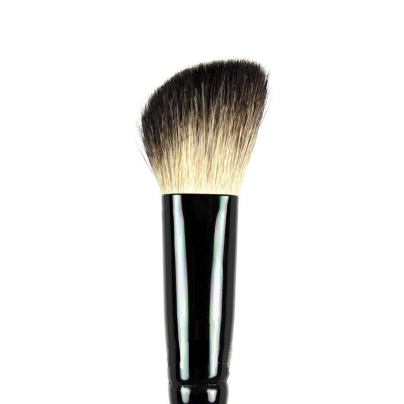 Angle Blush Brush BK32 with angled bristles, polished black ferrule, and high gloss birch wood handle, ideal for contouring and blending cheek color.