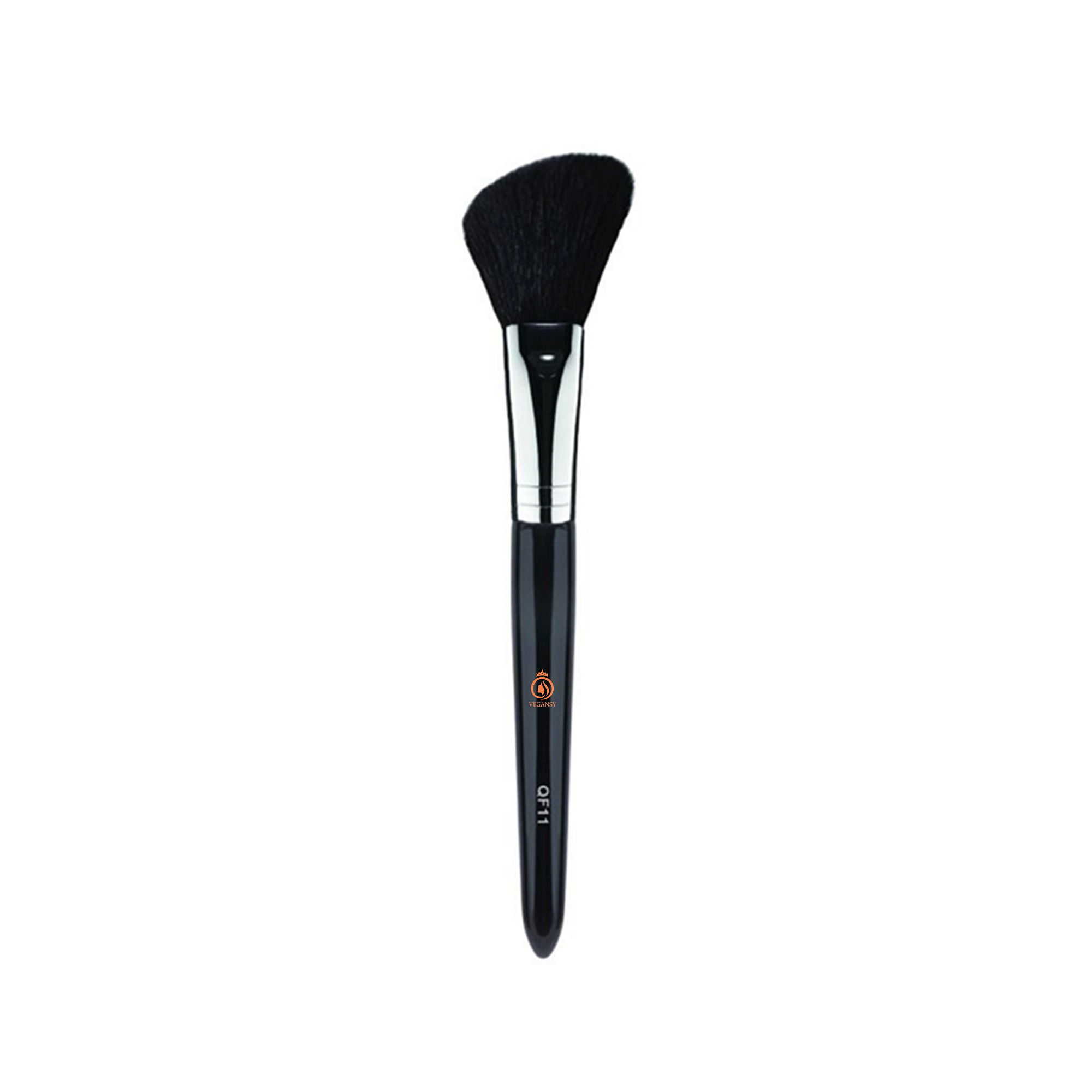 Angled Blush Brush with natural goat hair bristles and shiny pointed handle, ideal for applying blush and contour makeup.