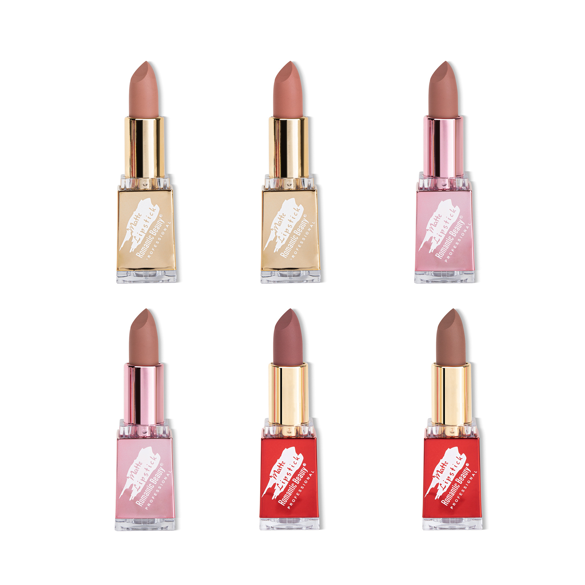 Art Gallery Matte Lipstick Set of 6 in nude shades, showcasing creamy texture and vibrant colors.