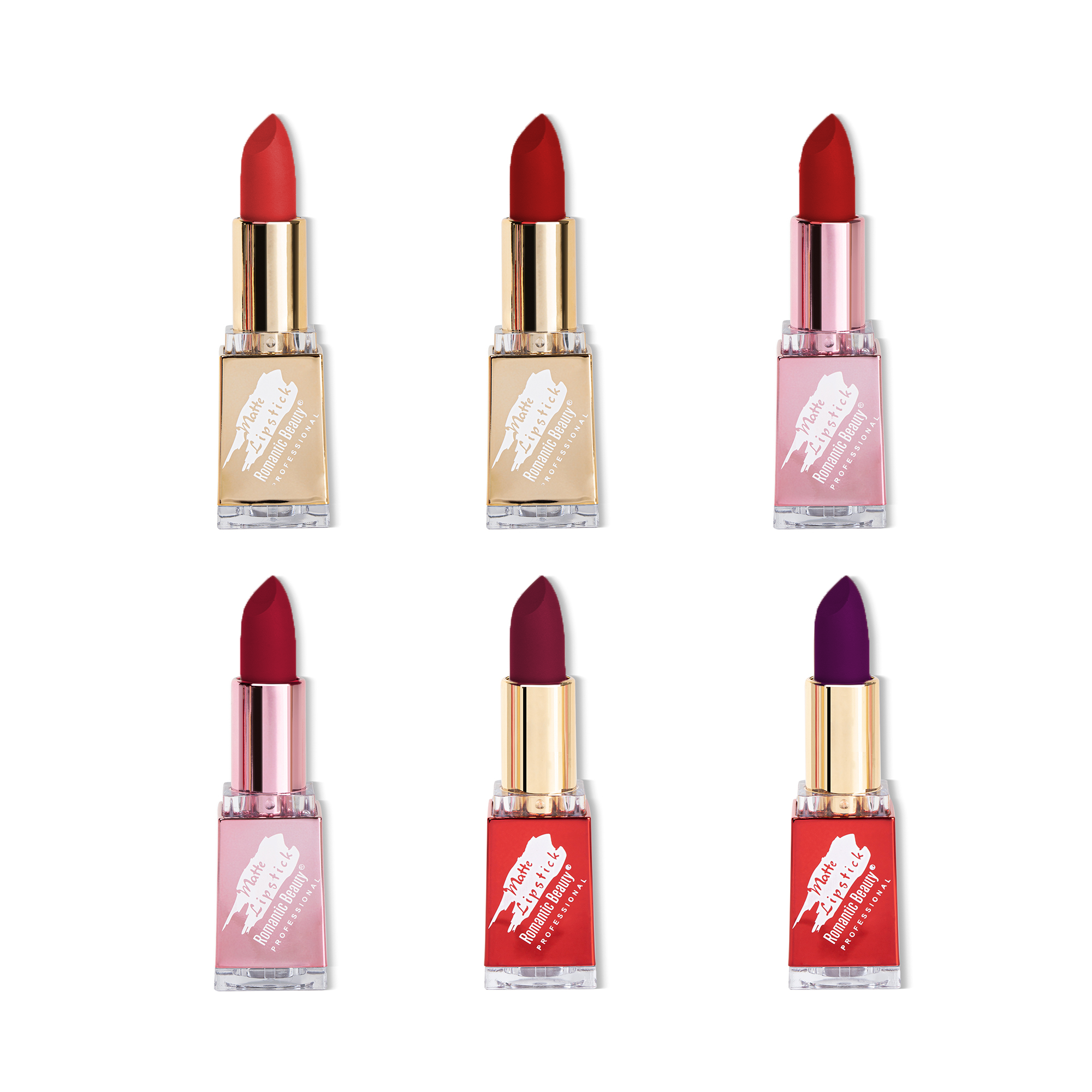 Art Gallery Matte Lipsticks in Red set of 6, showcasing vibrant shades in sleek packaging.