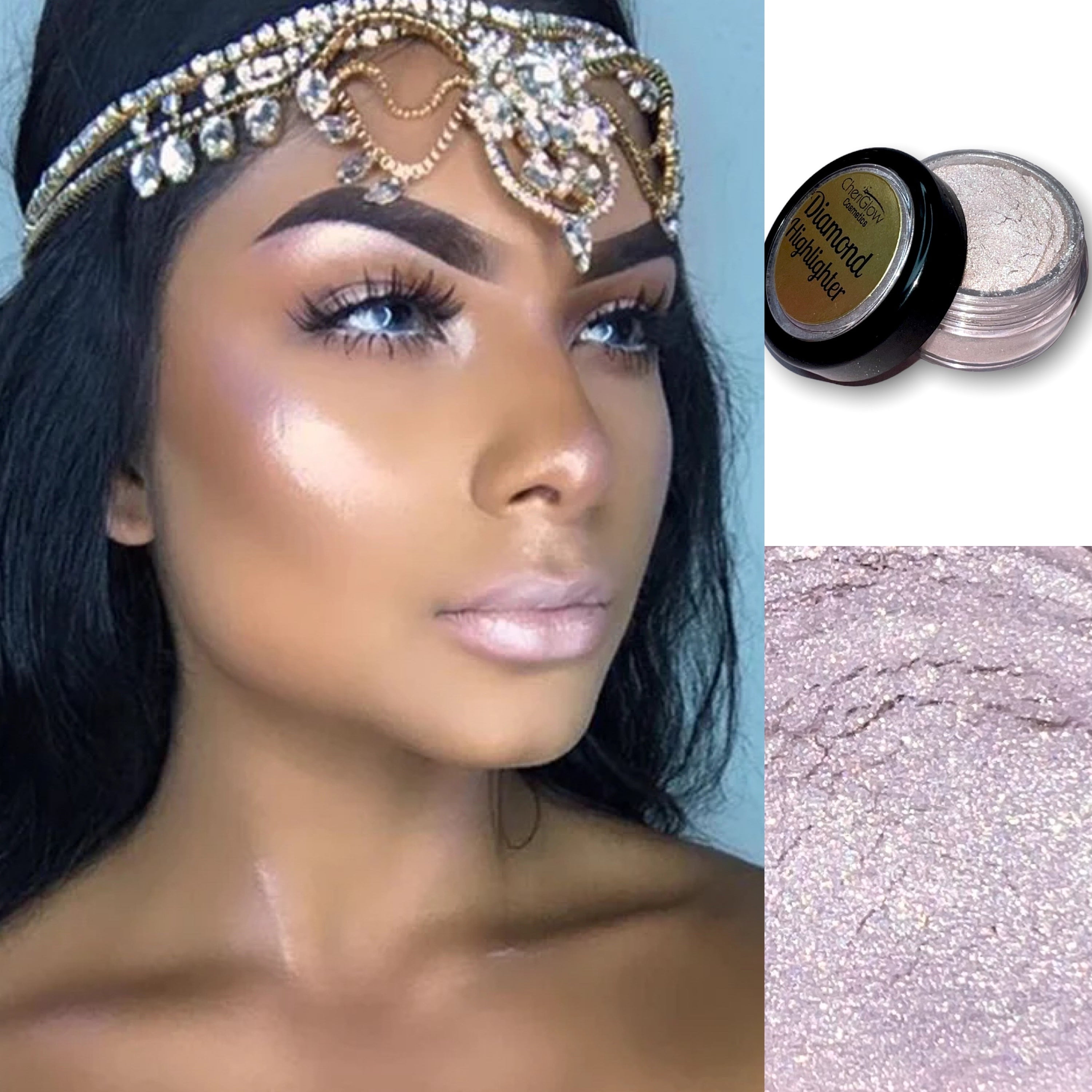 Athena Loose Diamond Highlighter in metallic mauve pink shade, finely milled powder in a sleek container, perfect for highlighting and adding shimmer.