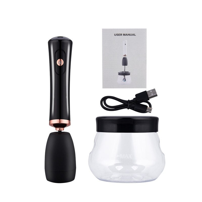 Automatic Electric Makeup Brush Cleaner with multiple brush heads and USB charging cable, designed for fast washing and drying of makeup brushes.