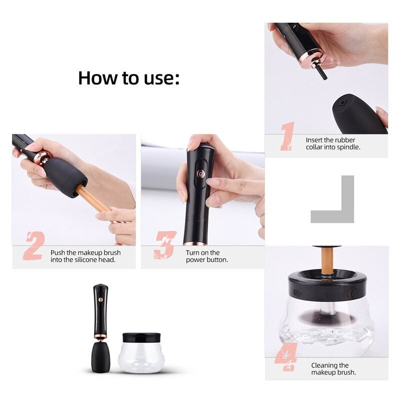 Automatic Electric Makeup Brush Cleaner with multiple brush heads and USB charging cable, designed for fast washing and drying of makeup brushes.