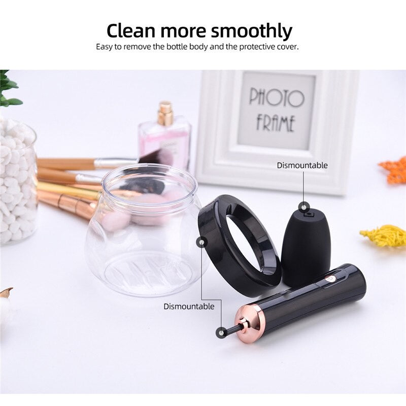 Automatic Electric Makeup Brush Cleaner with multiple brush heads and USB charging cable, designed for fast washing and drying of makeup brushes.