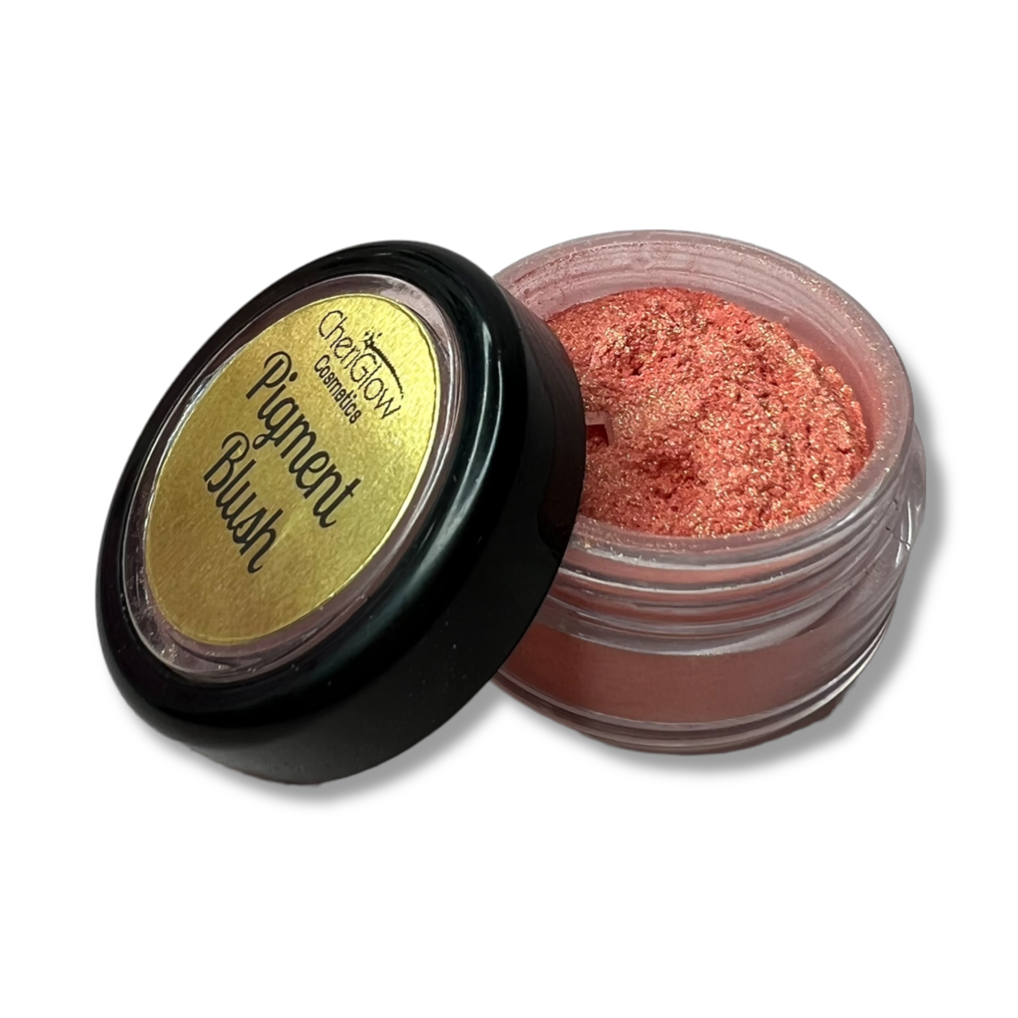 Ballerina Pigment Blush loose powder in a stylish container, showcasing its soft and shimmery texture.