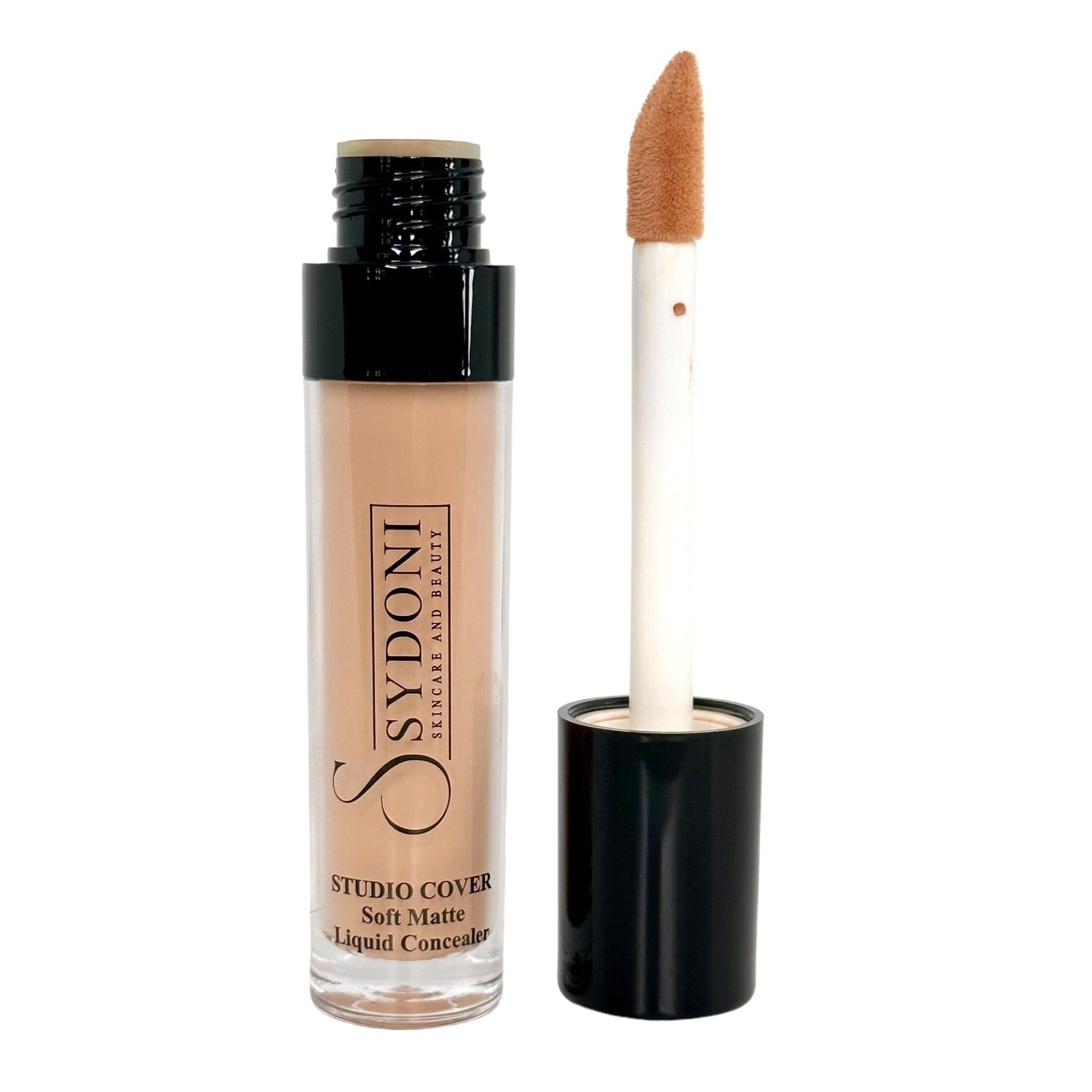 Studio Cover Soft Matte Liquid Concealer in a sleek 0.35 oz bottle, showcasing its applicator and smooth texture.