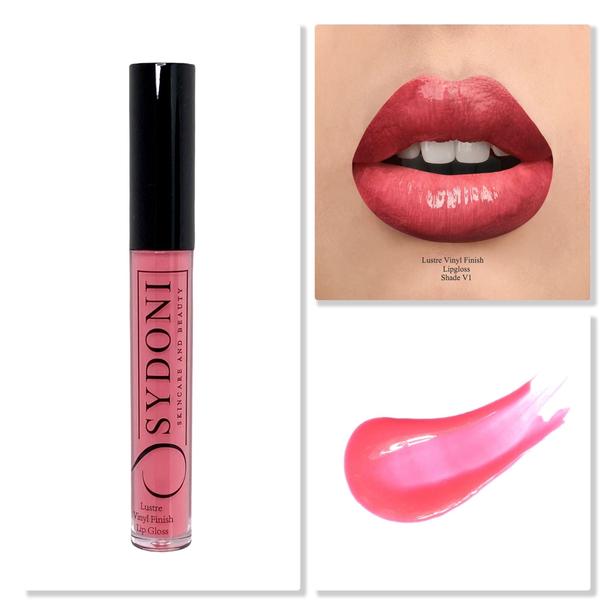 Shade V1 Lustre Vinyl Finish Lip Gloss in a sleek tube, showcasing its luxurious texture and high gloss finish.