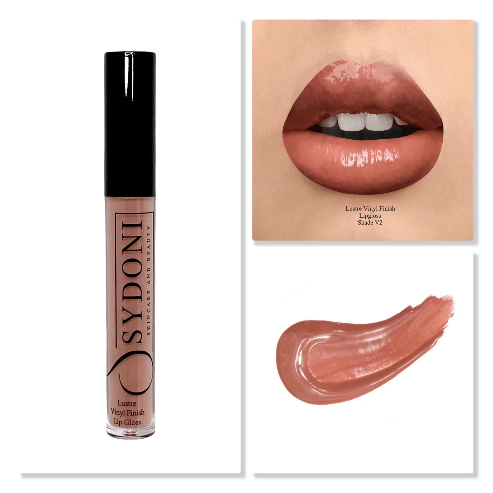 Shade V2 Lustre Vinyl Lip Gloss in a sleek tube, showcasing its luxurious texture and high gloss finish.