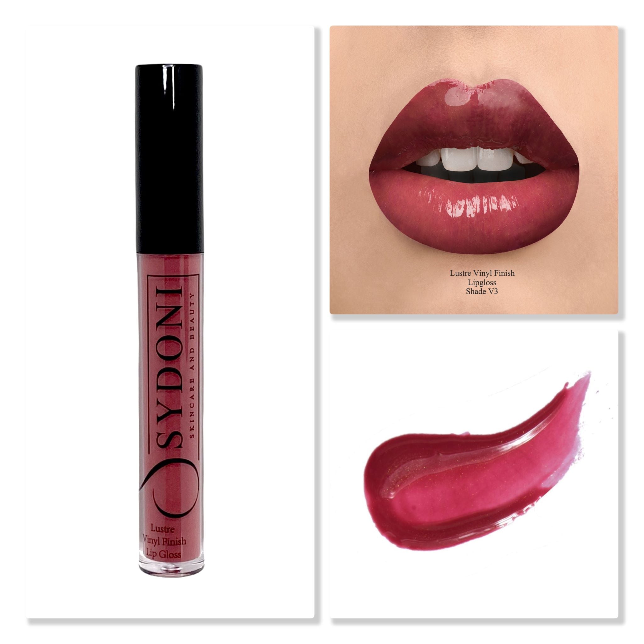 Shade V3 Lustre Vinyl Finish Lip Gloss in a sleek tube showcasing its luxurious texture and high-gloss finish.