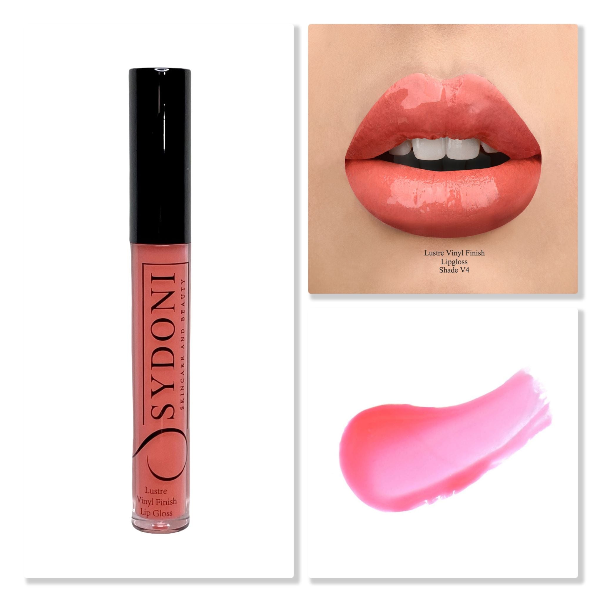 Shade V4 Lustre Vinyl Finish Lip Gloss in a sleek tube showcasing its luxurious texture and high gloss finish.