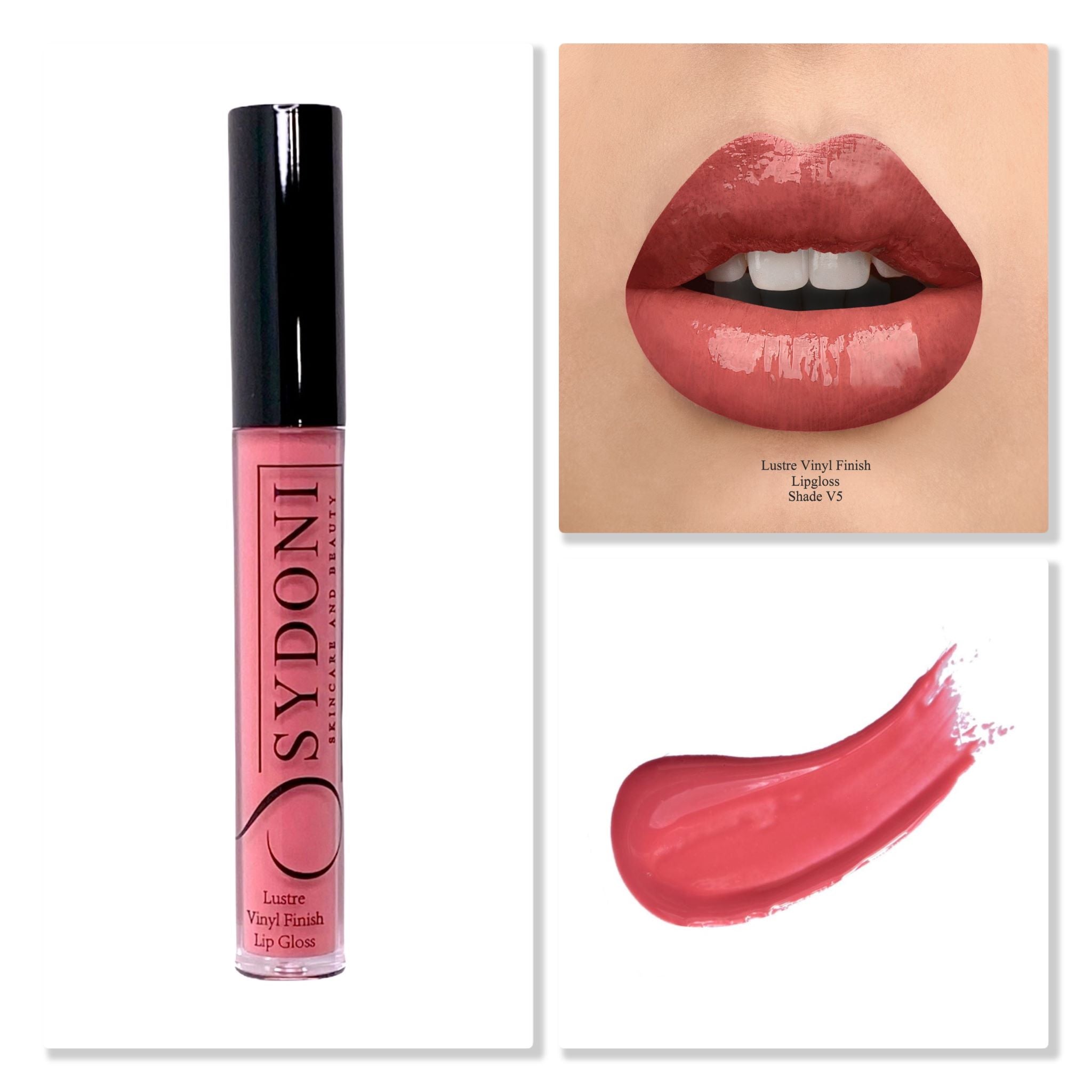 Shade V5 Lustre Vinyl Finish Lip Gloss in a sleek tube, showcasing its luxurious texture and vibrant color.