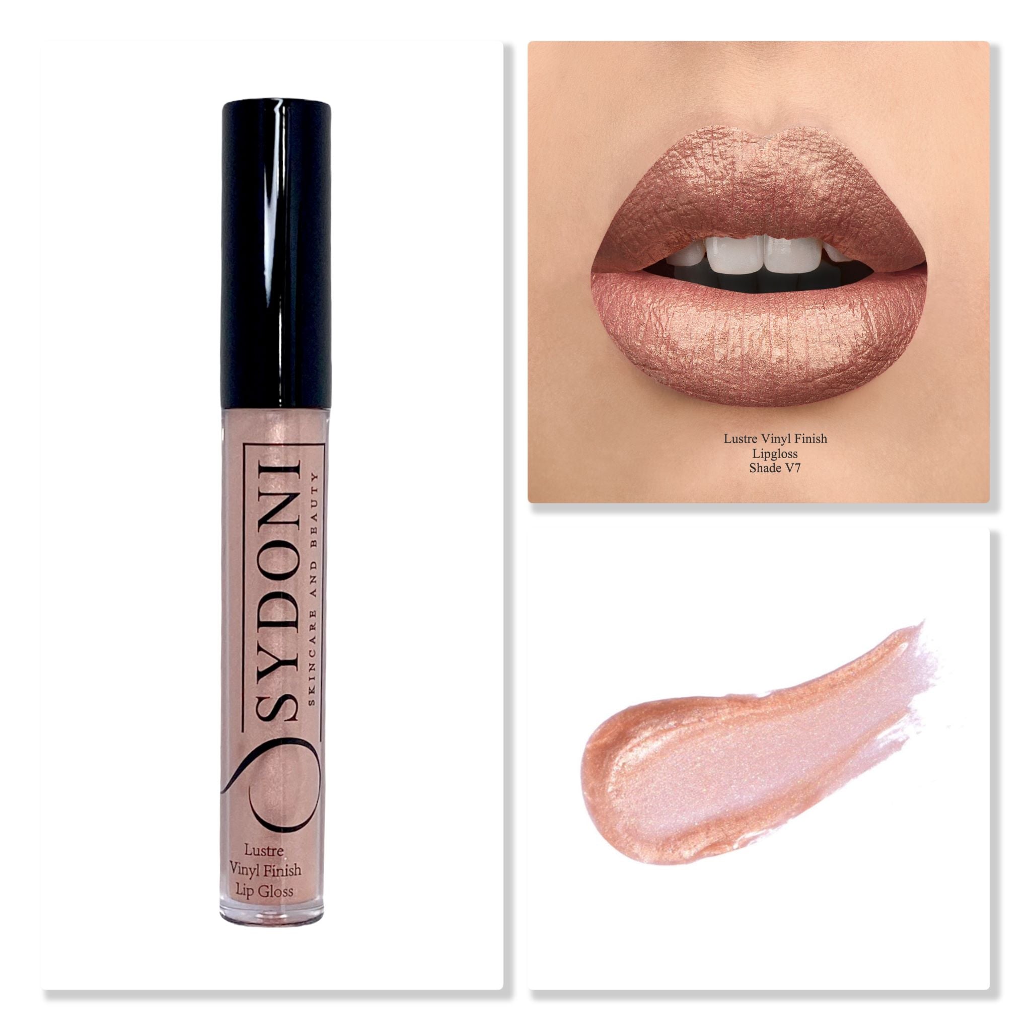 Shade V7 Lustre Vinyl Lip Gloss in a sleek tube, showcasing its luxurious texture and high gloss finish.