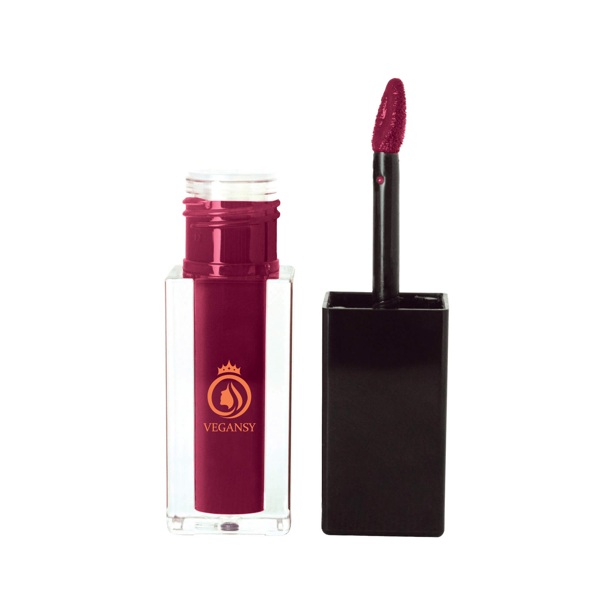 A tube of Blackberry Wine matte lip stain showcasing its rich, deep color and high-precision doe-shaped applicator.