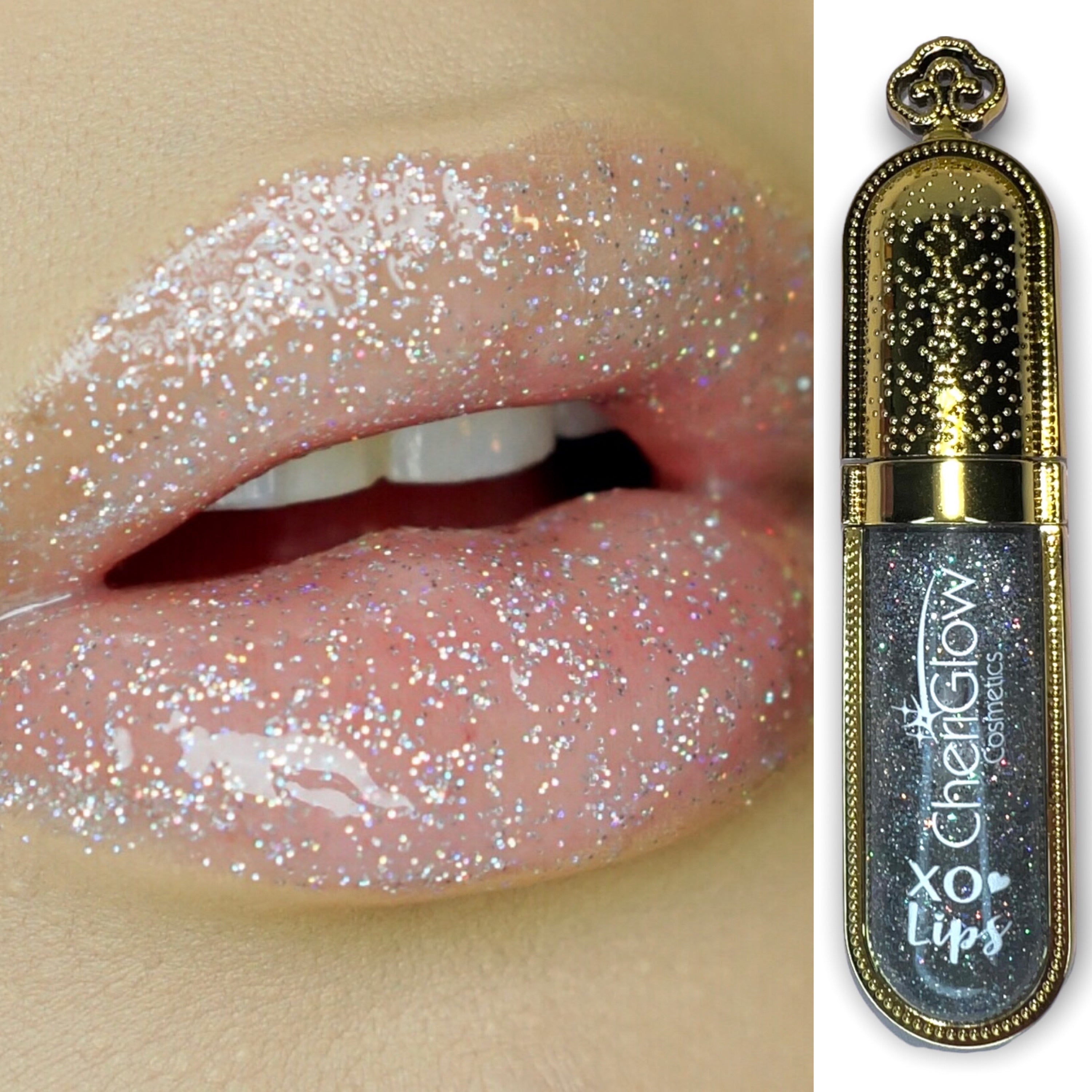 Bomb AF - XO Royalty Lipgloss in a sleek tube with a shimmering glitter finish, showcasing its moisturizing and non-sticky formula.