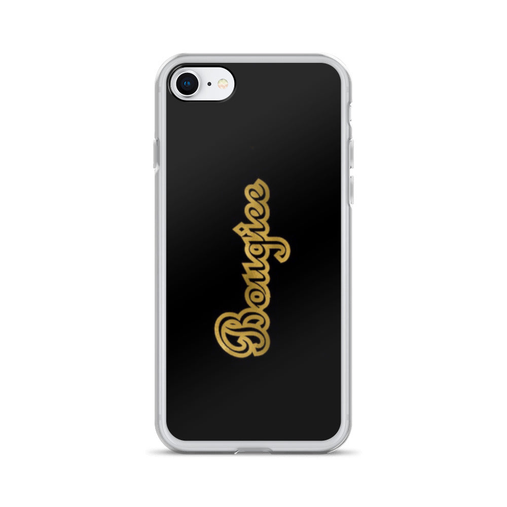 Bougiee Dark iPhone Case showcasing sleek design with solid back and flexible sides, perfect for protection against scratches and dirt.