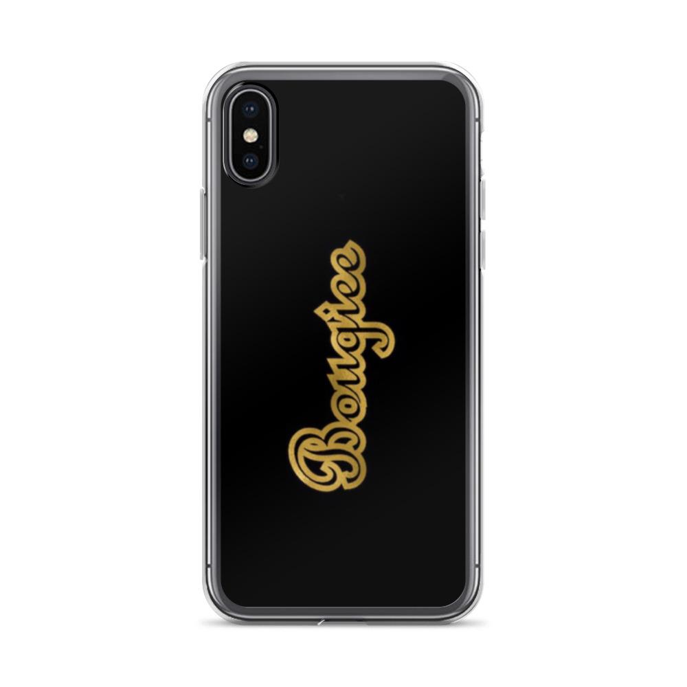 Bougiee Dark iPhone Case showcasing sleek design with solid back and flexible sides, perfect for protection against scratches and dirt.