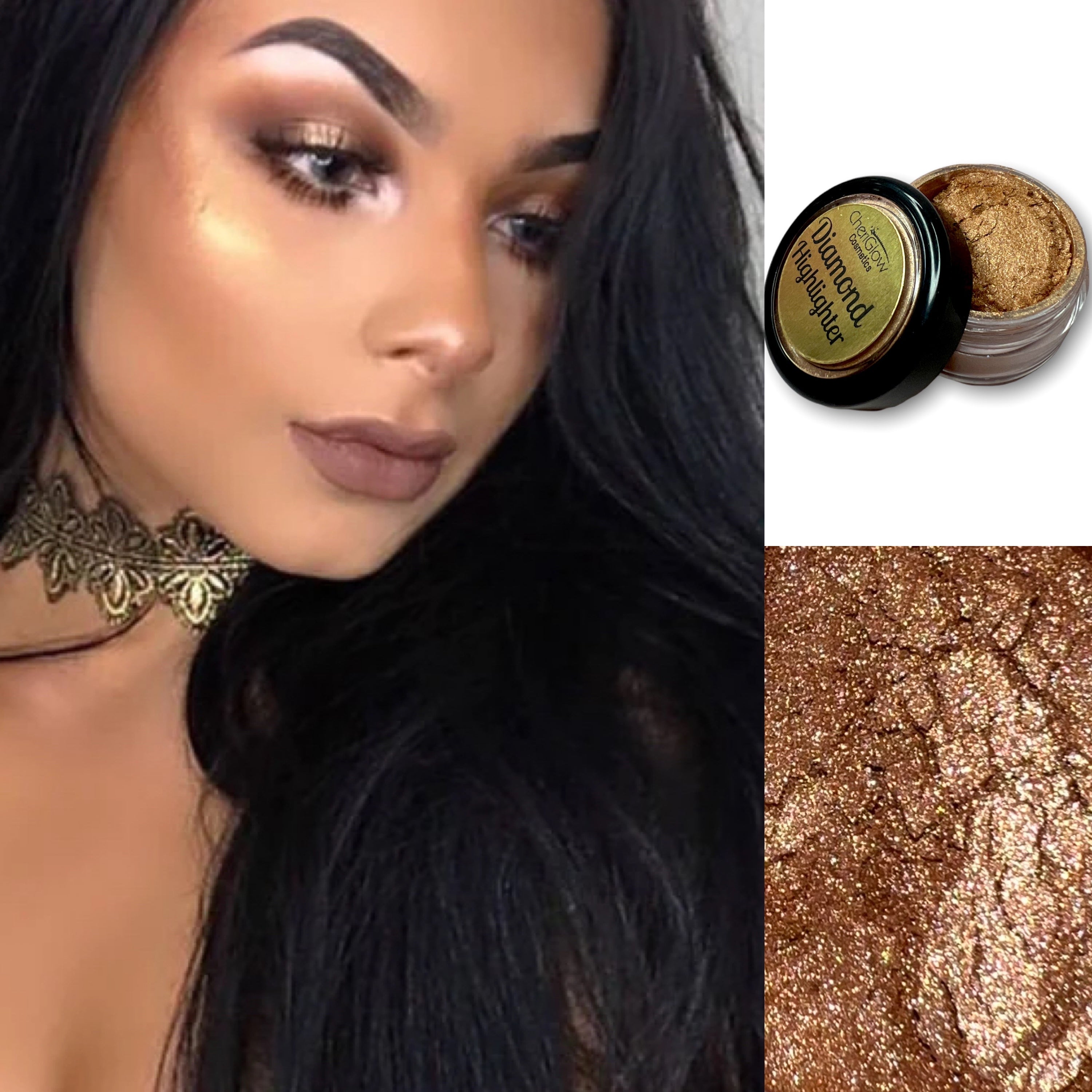 Bronze Goddess Loose Diamond Highlighter in a sleek container, showcasing its finely milled bronze gold powder with golden specks.