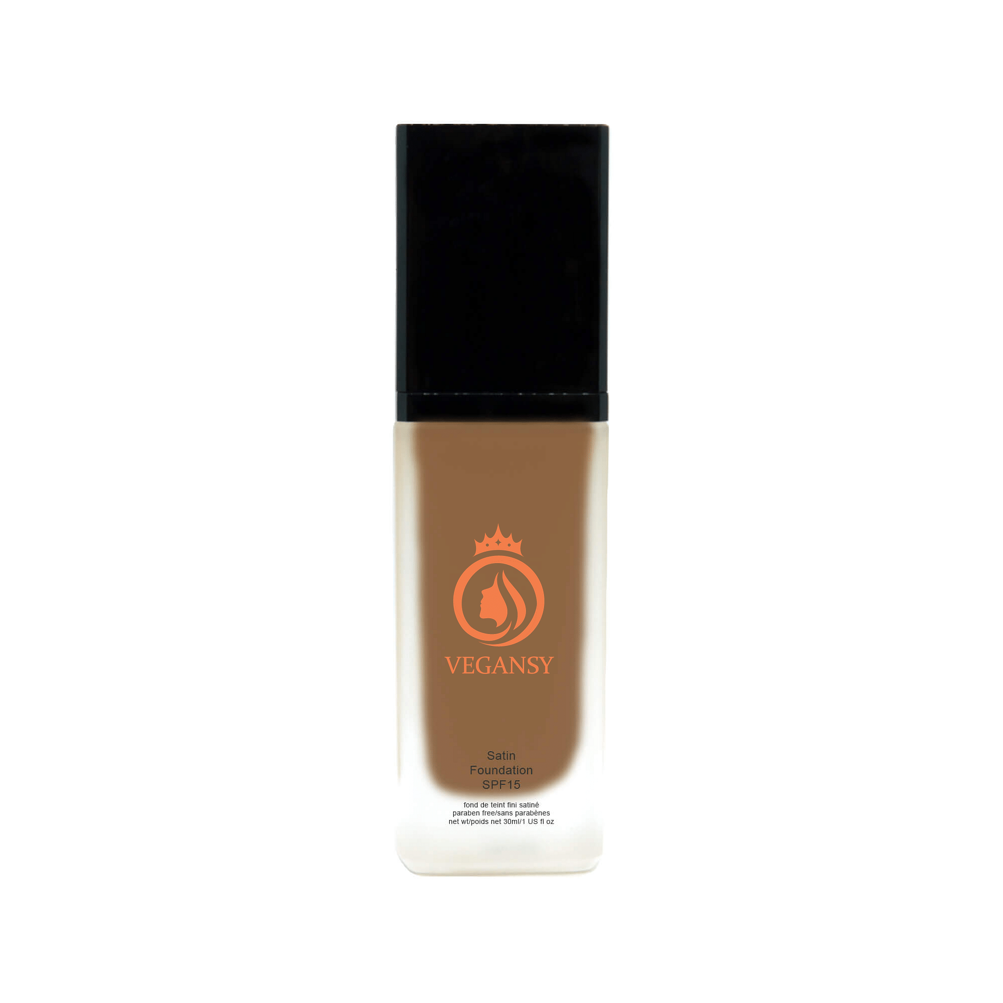 Brunette foundation bottle showcasing a natural glow finish with a dewy texture, suitable for all skin types.