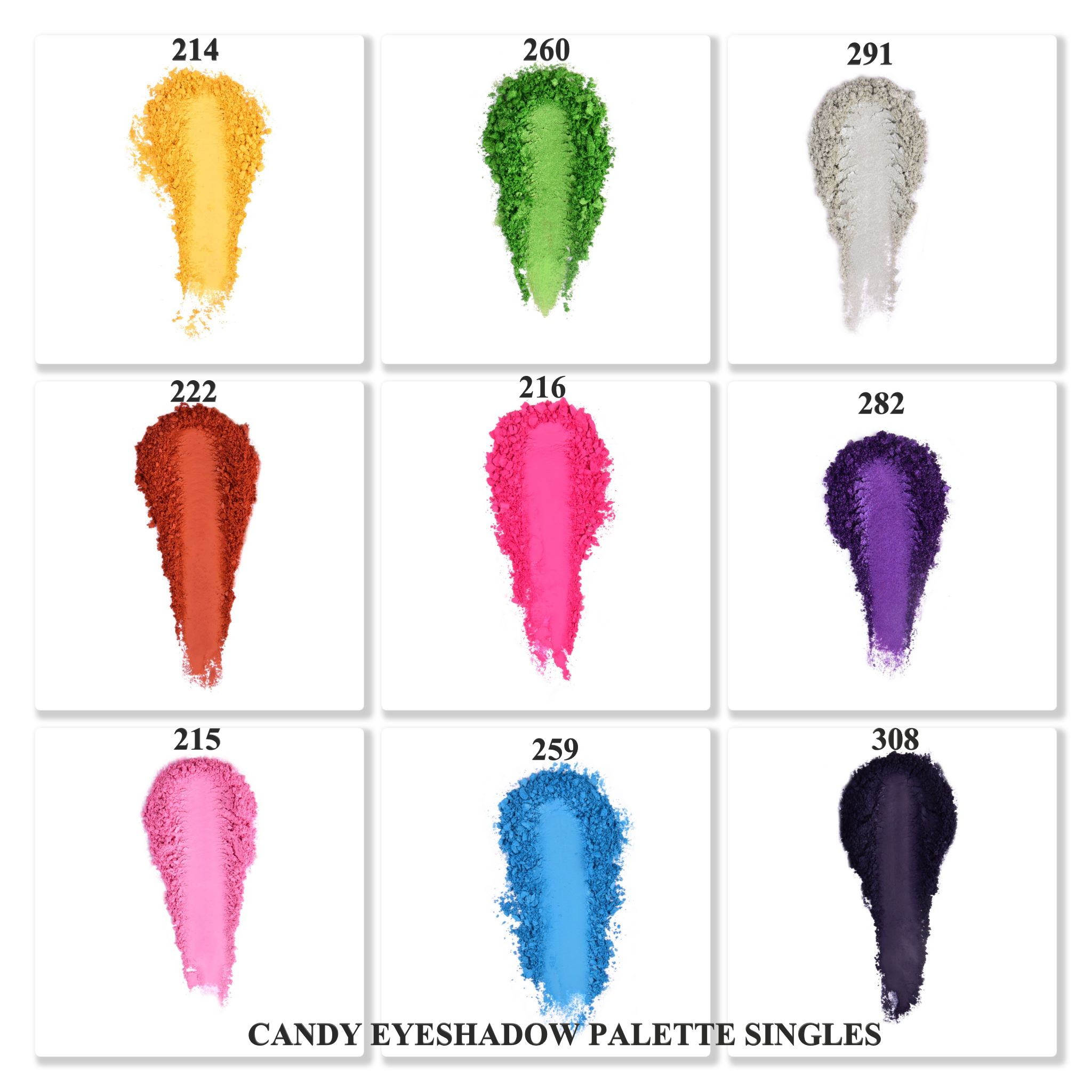 Candy Eyeshadow Palette Singles in vibrant colors, refillable for easy customization.