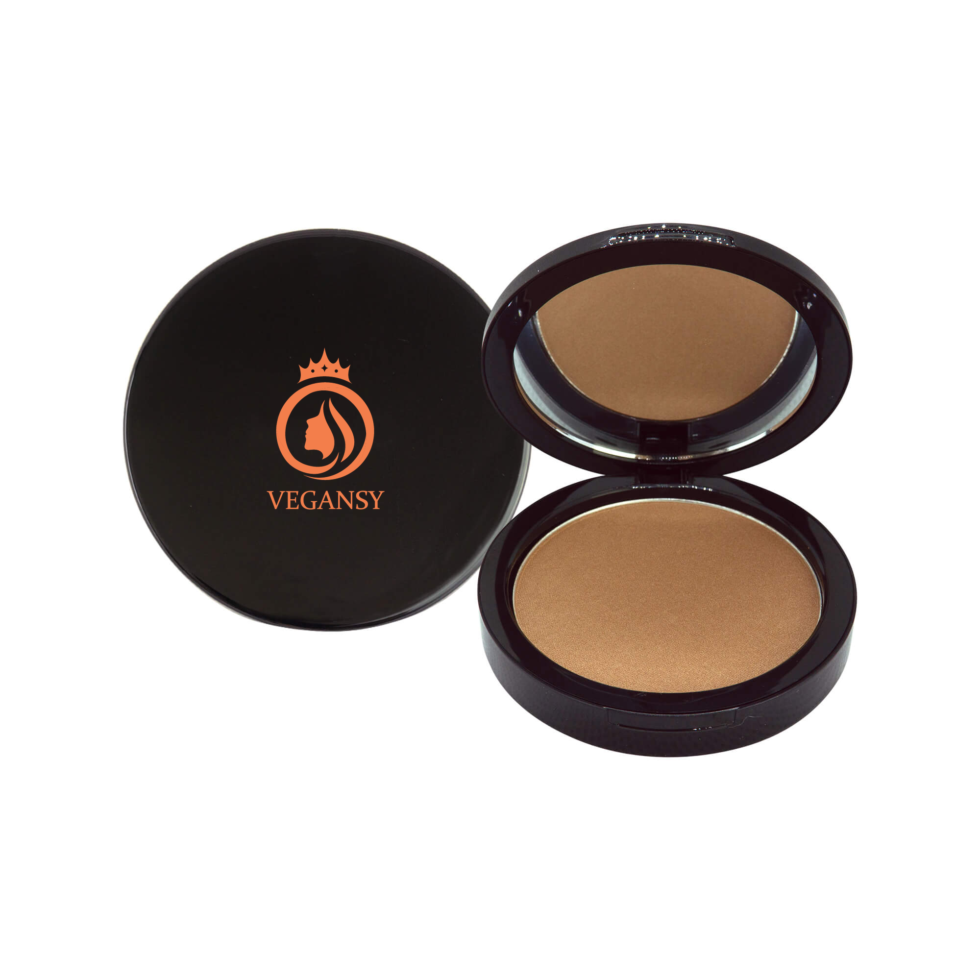 Caramel bronzer in a sleek compact, showcasing its silky texture and rich red-brown tones, perfect for enhancing makeup looks.