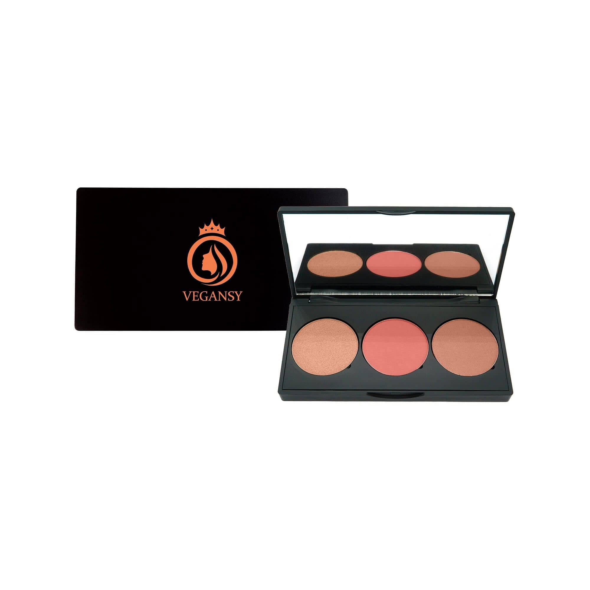 Carnation 3-shade pro cheek palette featuring blush, bronzer, and highlighter in a sleek compact design.