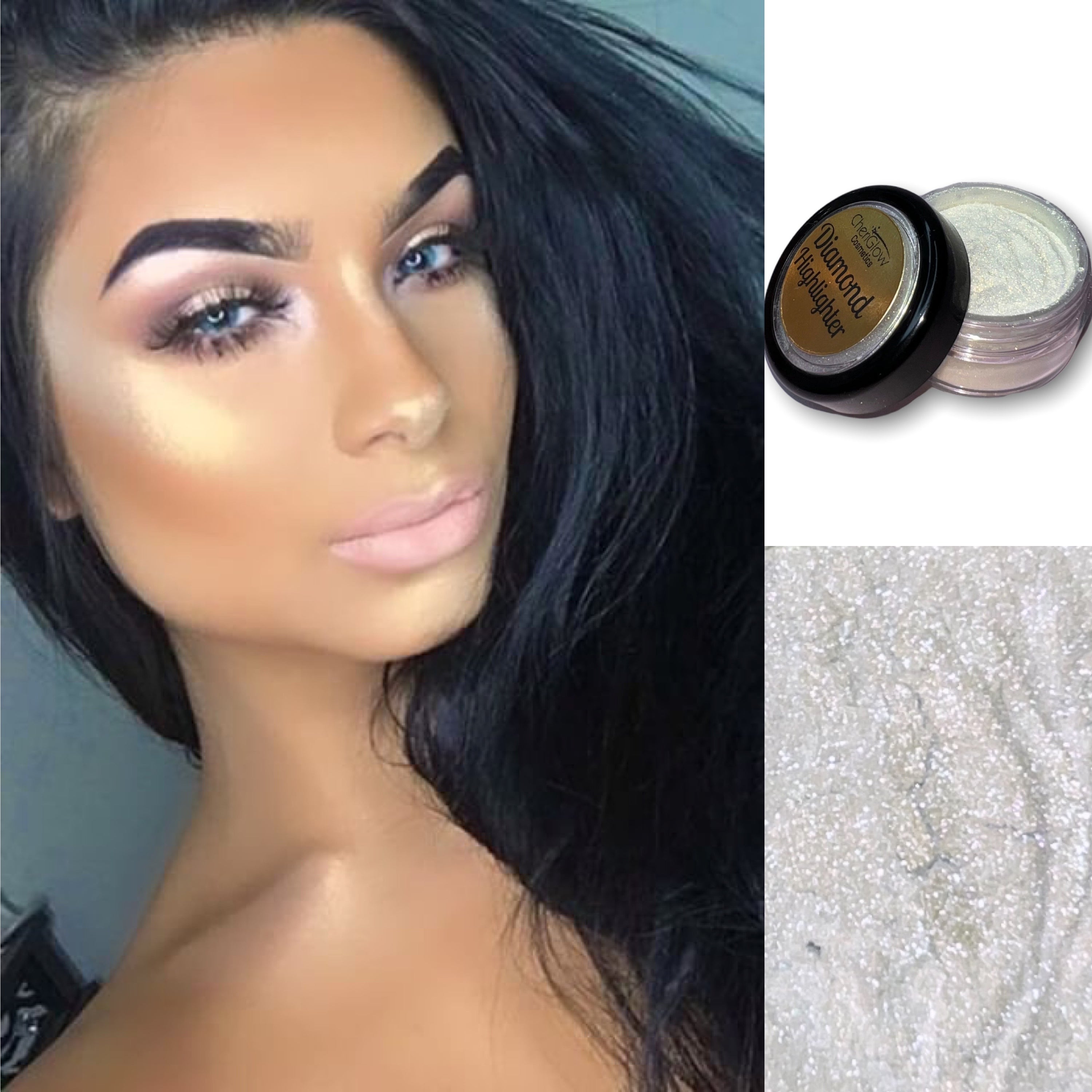 Champagne Dreams Loose Diamond Highlighter in a sleek container, showcasing its finely milled light gold powder texture.