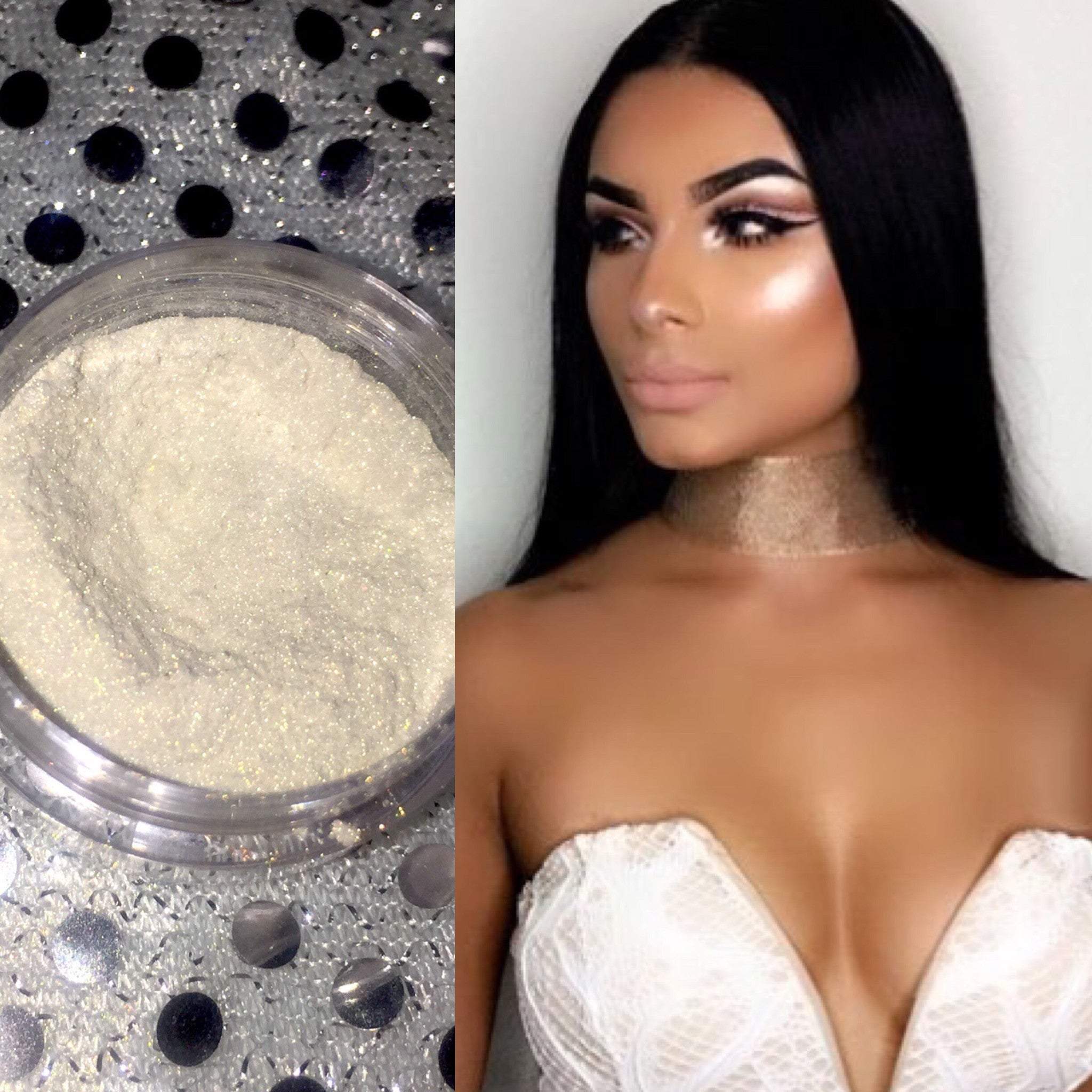 Champagne Dreams Loose Diamond Highlighter in a sleek container, showcasing its finely milled light gold powder texture.